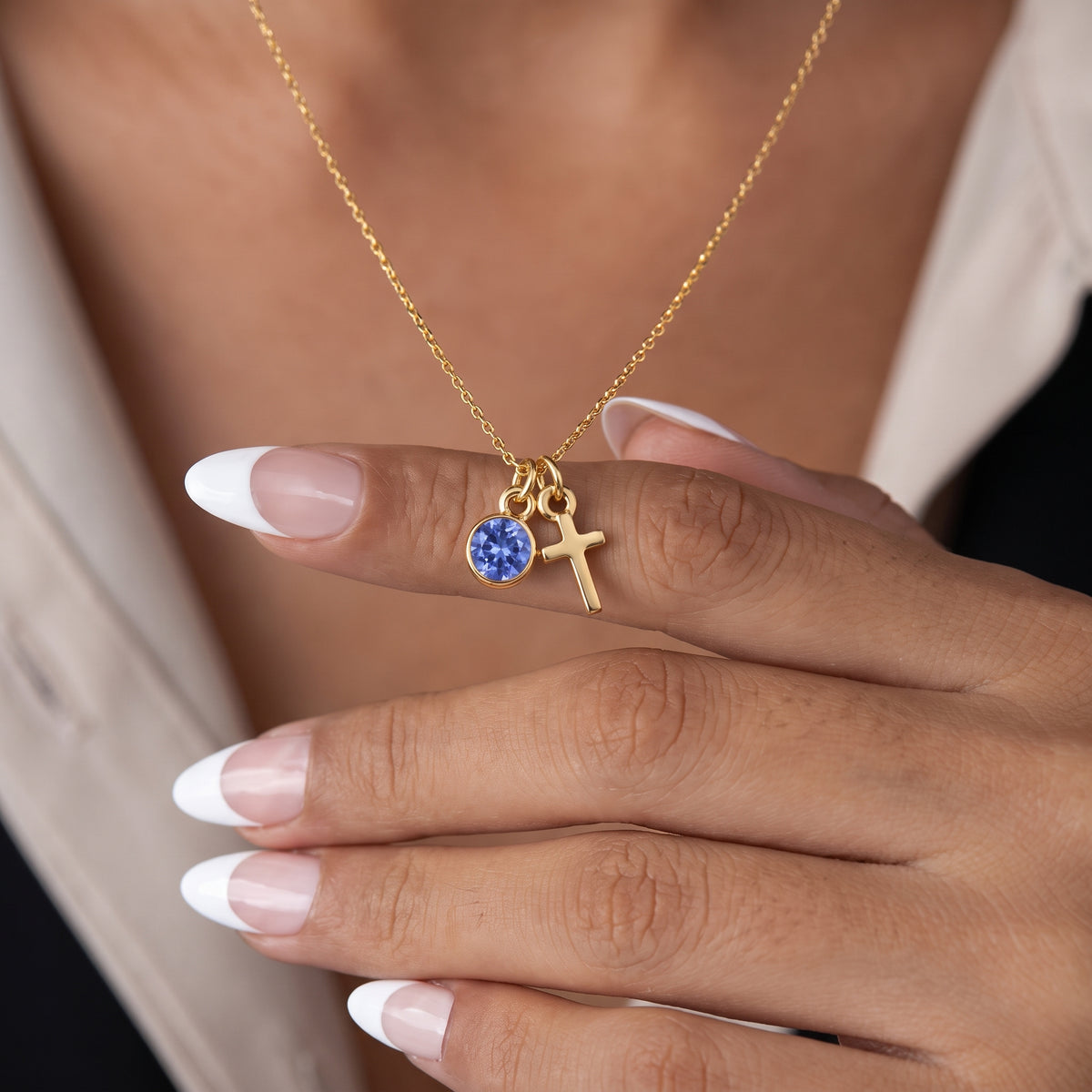 Birthstone Cross Charm Necklace