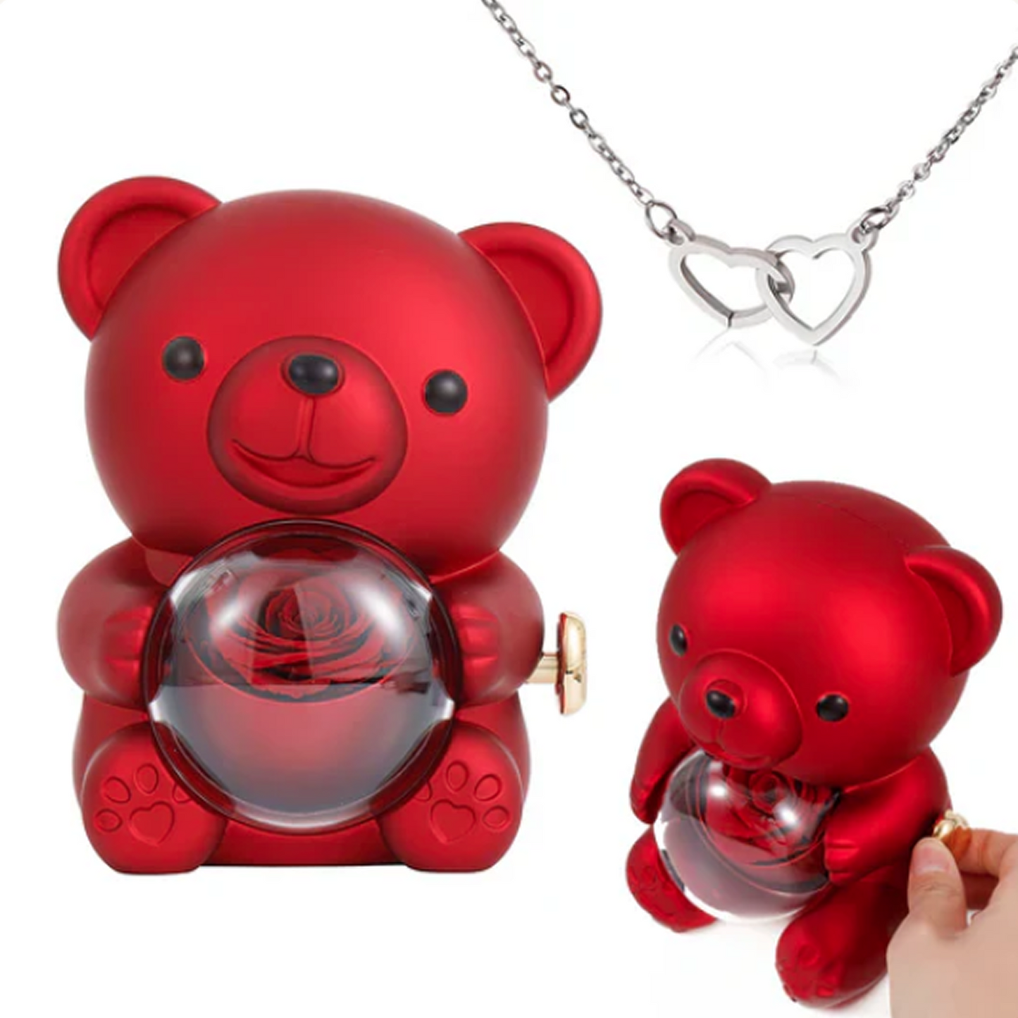 Engraved Heart Necklace in Real Rose Bear Giftbox